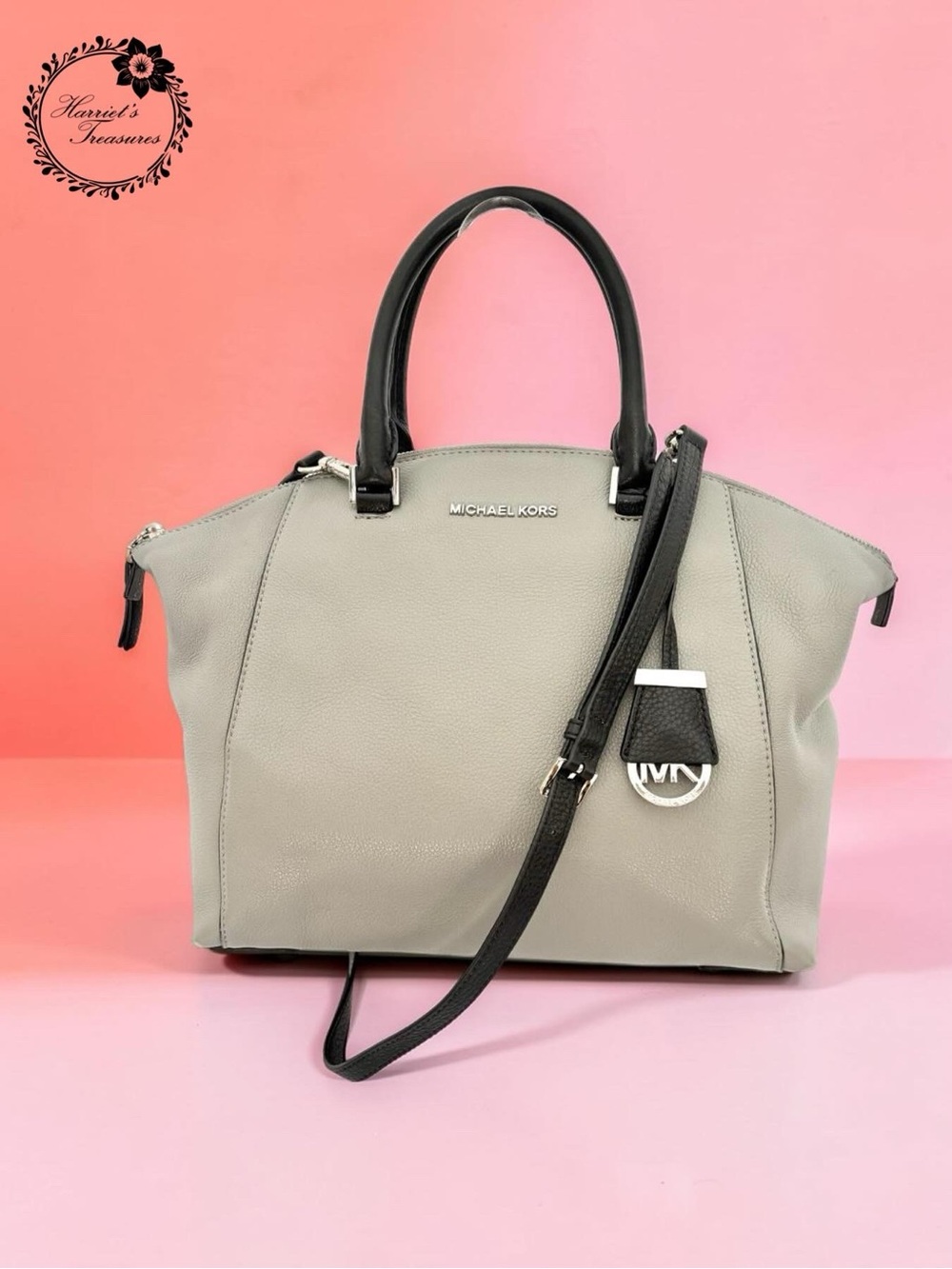 Michael Kors Olive-Gray Leather Tote with Black Straps